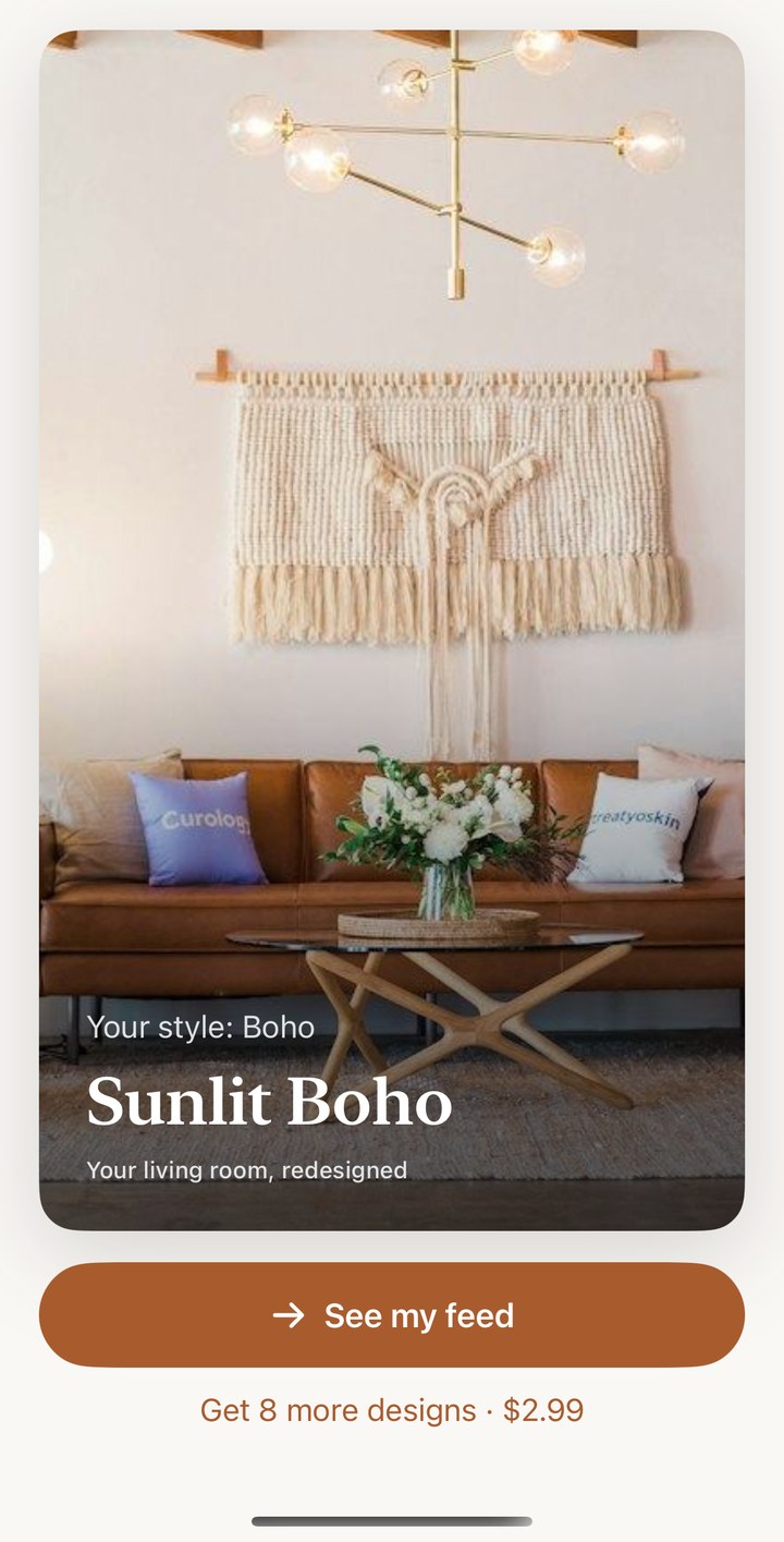 Roomlike showing a redesign of a living room in a Boho style.